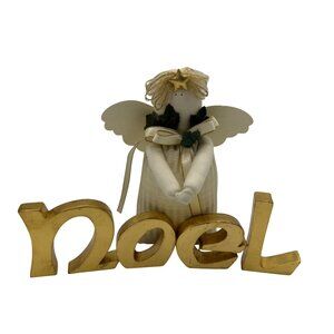 Handcrafted Noel Angel Figurine With Gold Letters & Fabric Dress Decor